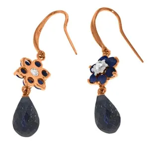 14K Solid Rose Gold Fish Hook Diamond & Sapphire Earrings Certified