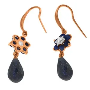 14K Solid Rose Gold Fish Hook Diamond & Sapphire Earrings Certified