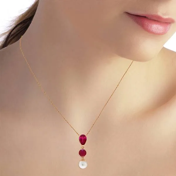 14K Solid Rose Gold Necklace w/ Rubies & Pearl