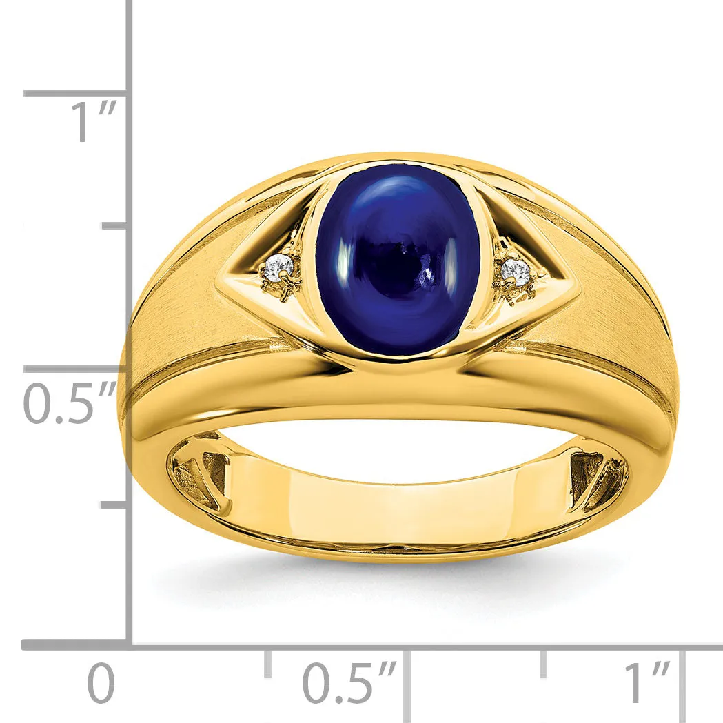 14k Yellow Gold Created Sapphire and Diamond Mens Ring