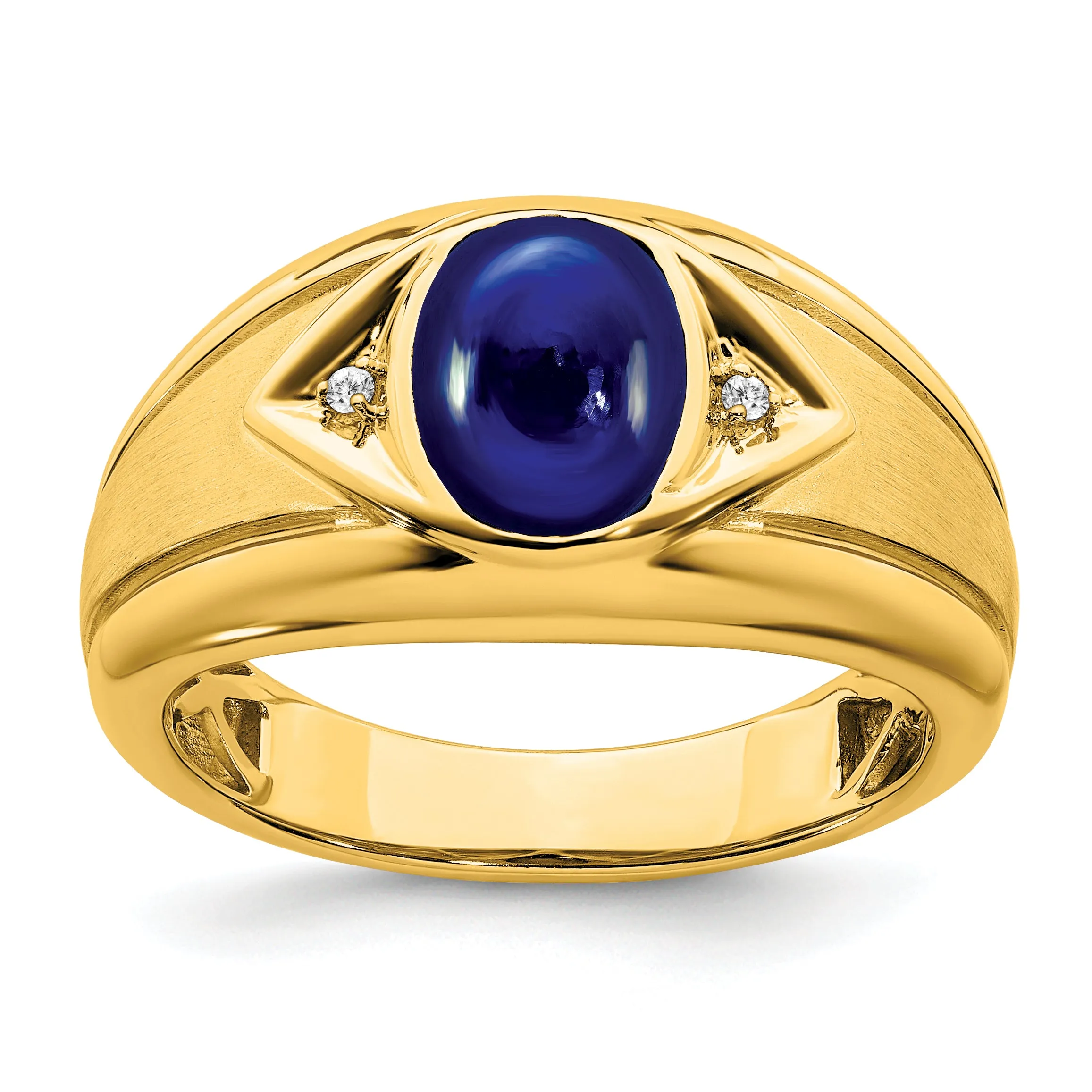 14k Yellow Gold Created Sapphire and Diamond Mens Ring