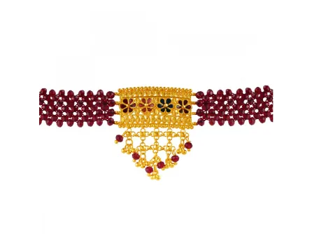 22k Choker Necklace With Maroon Beads And Meenakari Work