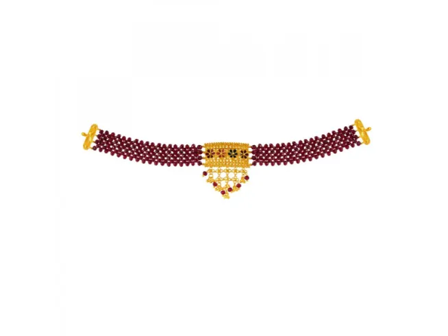 22k Choker Necklace With Maroon Beads And Meenakari Work