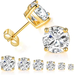 6 Pairs 14K Yellow Gold Plated Round Cut Clear Cubic Zirconia Stud Earring Pack
