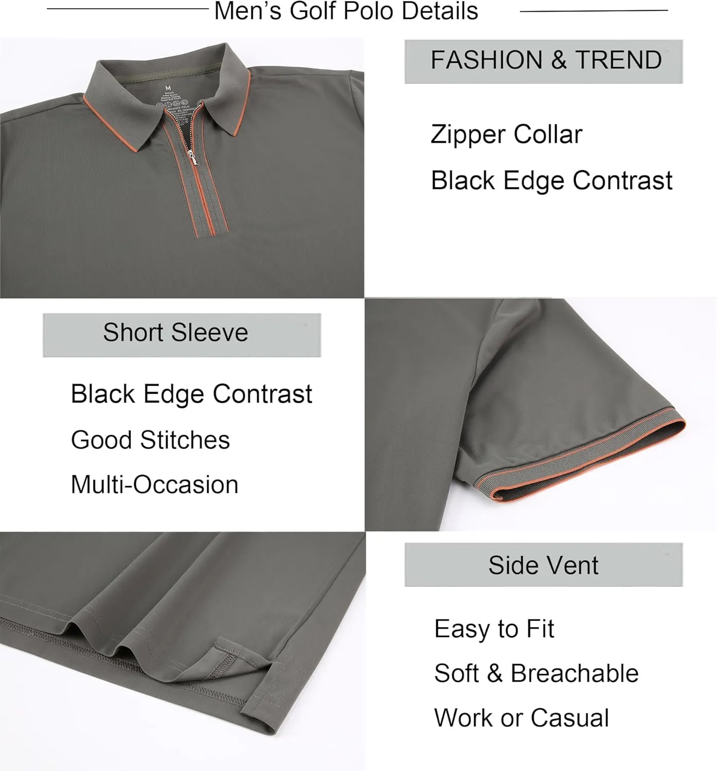 Alex Vando Mens Zipper Golf Shirt Moisture Wicking Zip Up Solid Fashion Polo Shirts