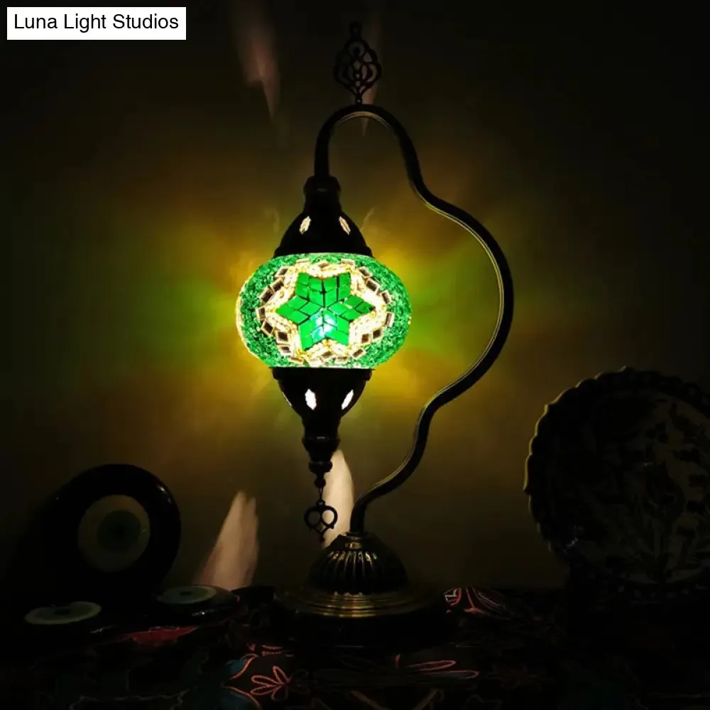 Art Deco Stained Glass Night Lamp - Curvy Arm, 1 Bulb Bedroom Nightstand Lighting (Red/Yellow/Orange)