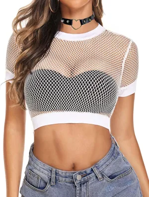 Avidlove Fishnet Crop Top for Women Y2K Short Sleeve See Through Shirt O Neck Pullover Blouse