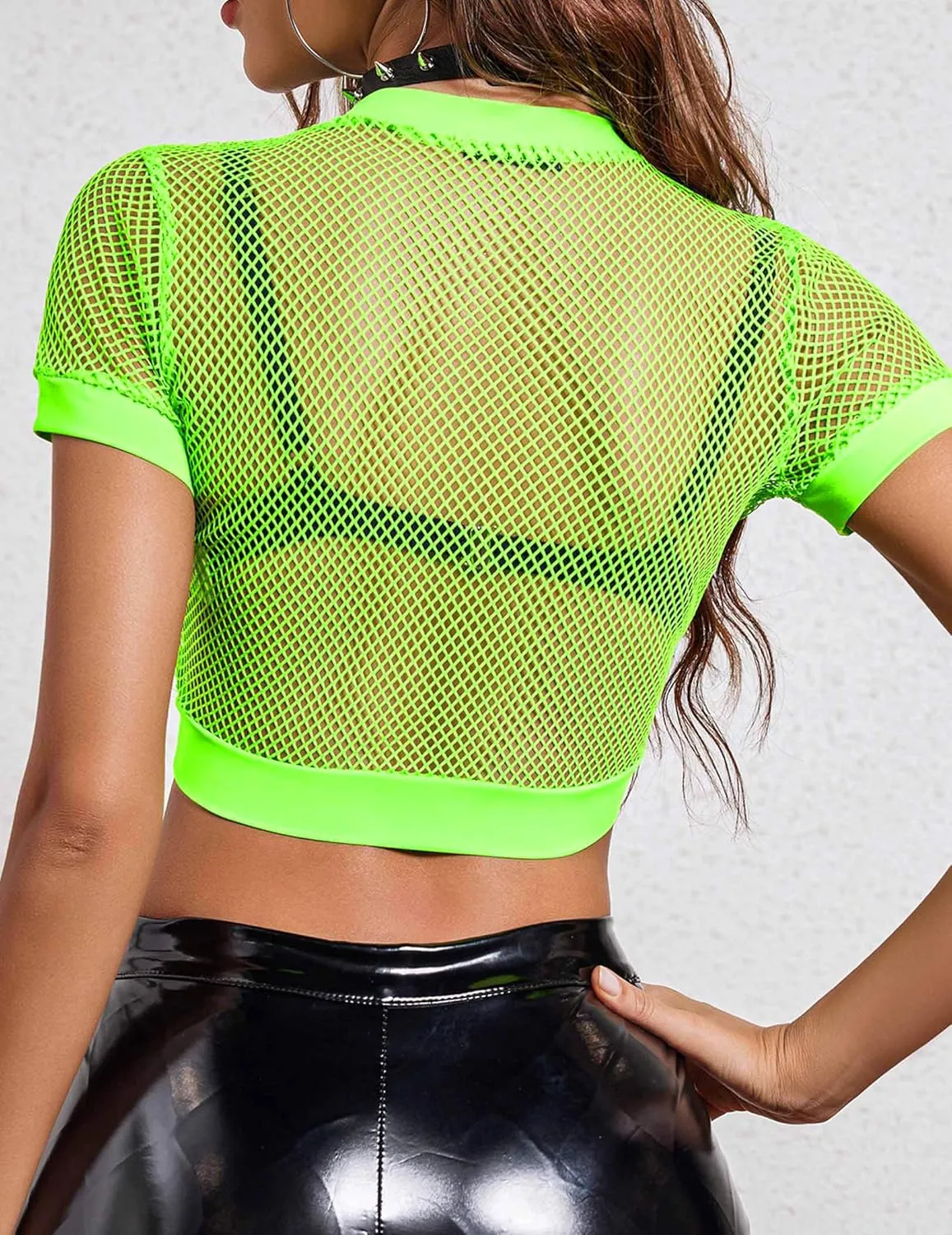 Avidlove Fishnet Crop Top for Women Y2K Short Sleeve See Through Shirt O Neck Pullover Blouse