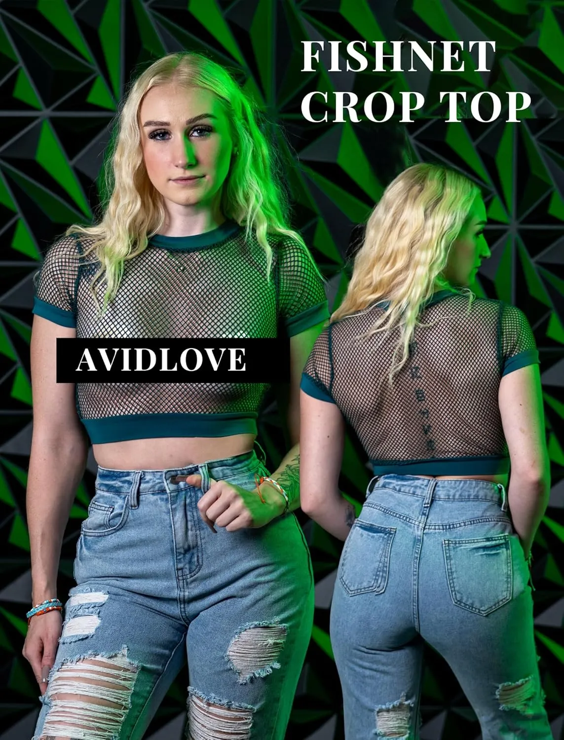 Avidlove Fishnet Crop Top for Women Y2K Short Sleeve See Through Shirt O Neck Pullover Blouse