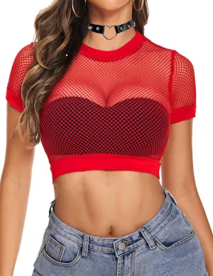 Avidlove Fishnet Crop Top for Women Y2K Short Sleeve See Through Shirt O Neck Pullover Blouse