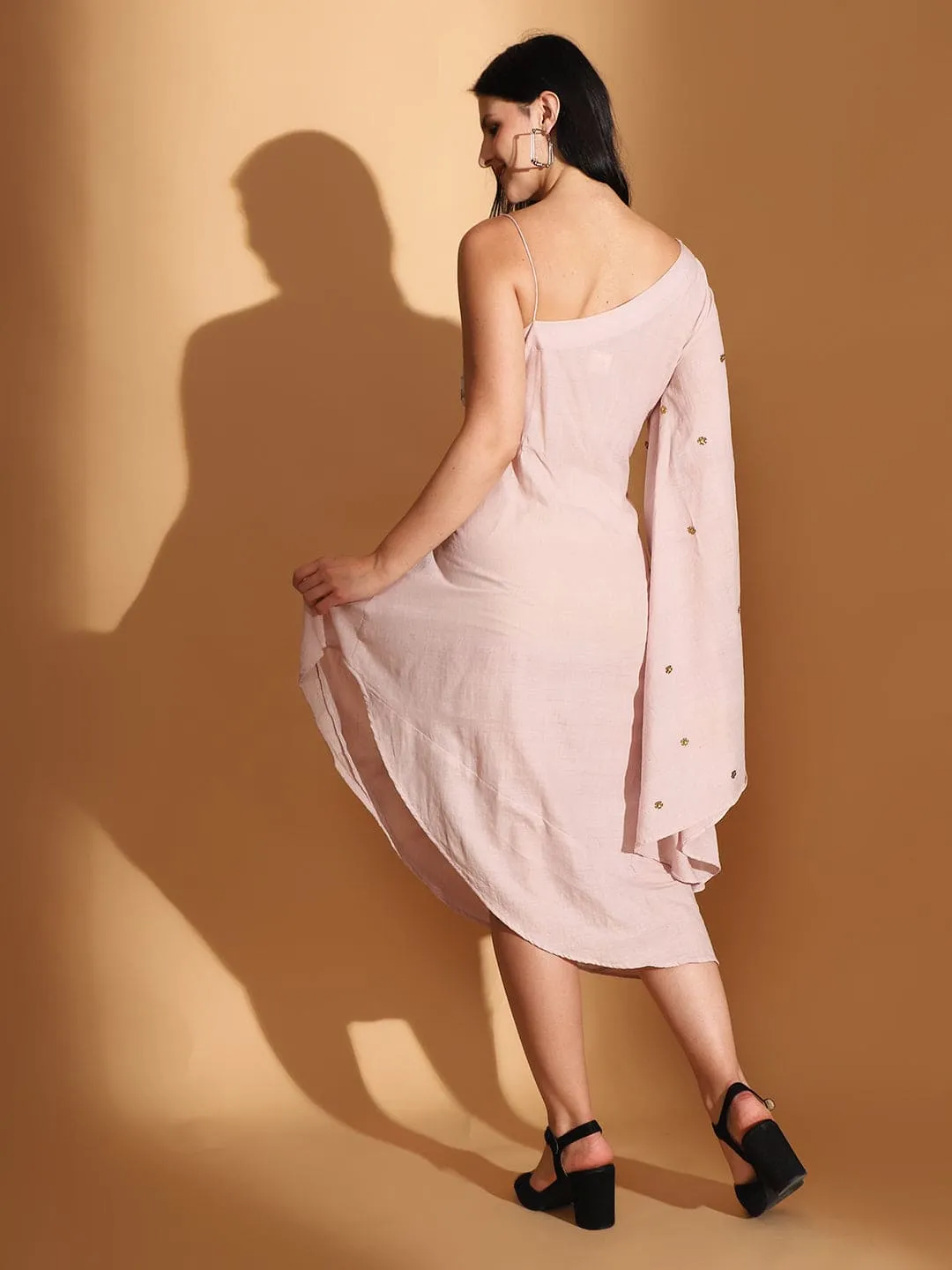 Baby Pink Gond Artwork Off-Shoulder Dress