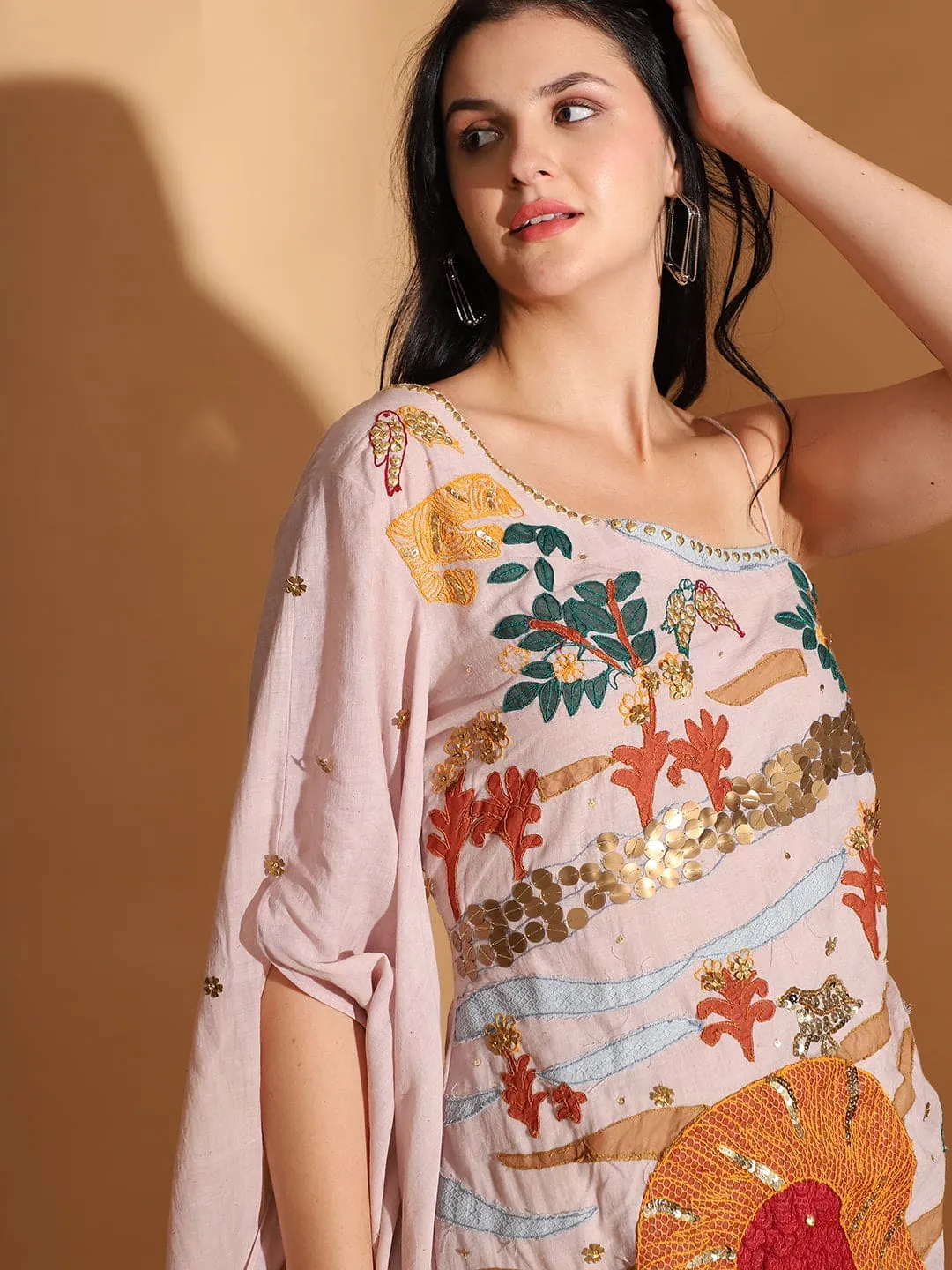 Baby Pink Gond Artwork Off-Shoulder Dress