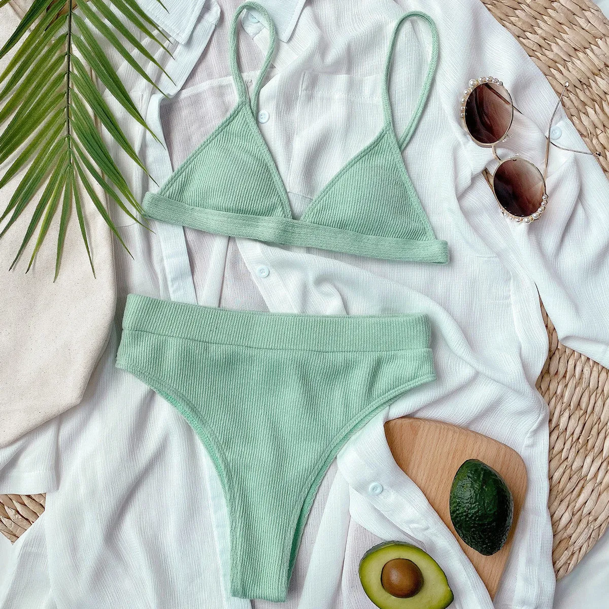 Bikini Set Solid Color Spaghetti Strap Ribbed High Waist Swimsuit Two Piece Set KESLEY
