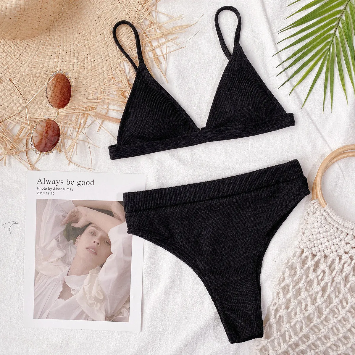 Bikini Set Solid Color Spaghetti Strap Ribbed High Waist Swimsuit Two Piece Set KESLEY