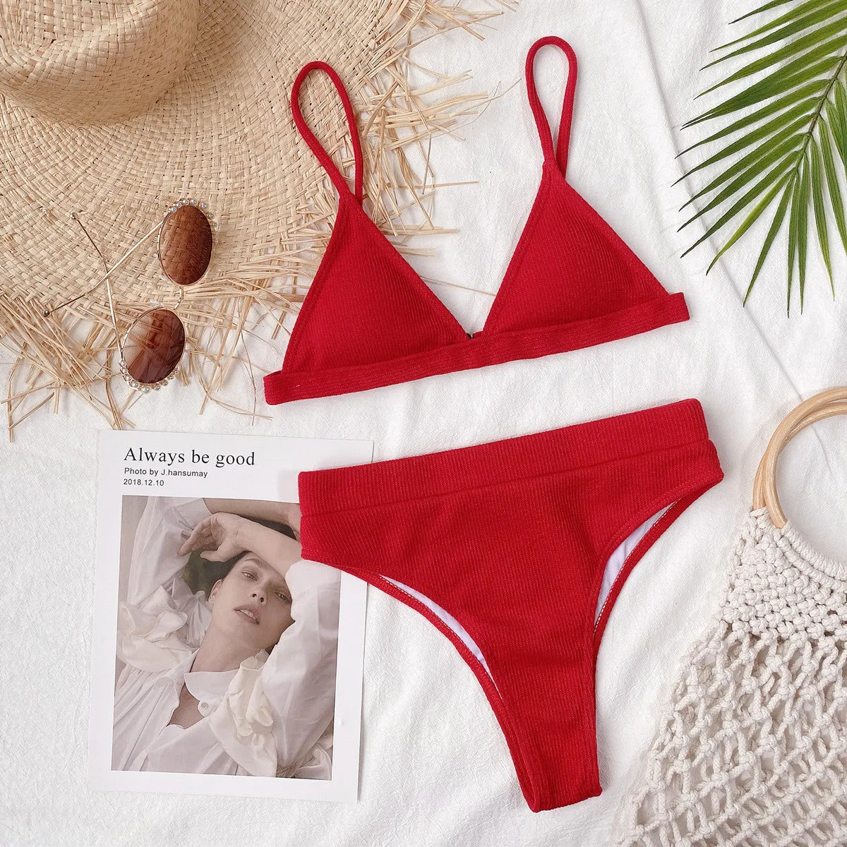 Bikini Set Solid Color Spaghetti Strap Ribbed High Waist Swimsuit Two Piece Set KESLEY