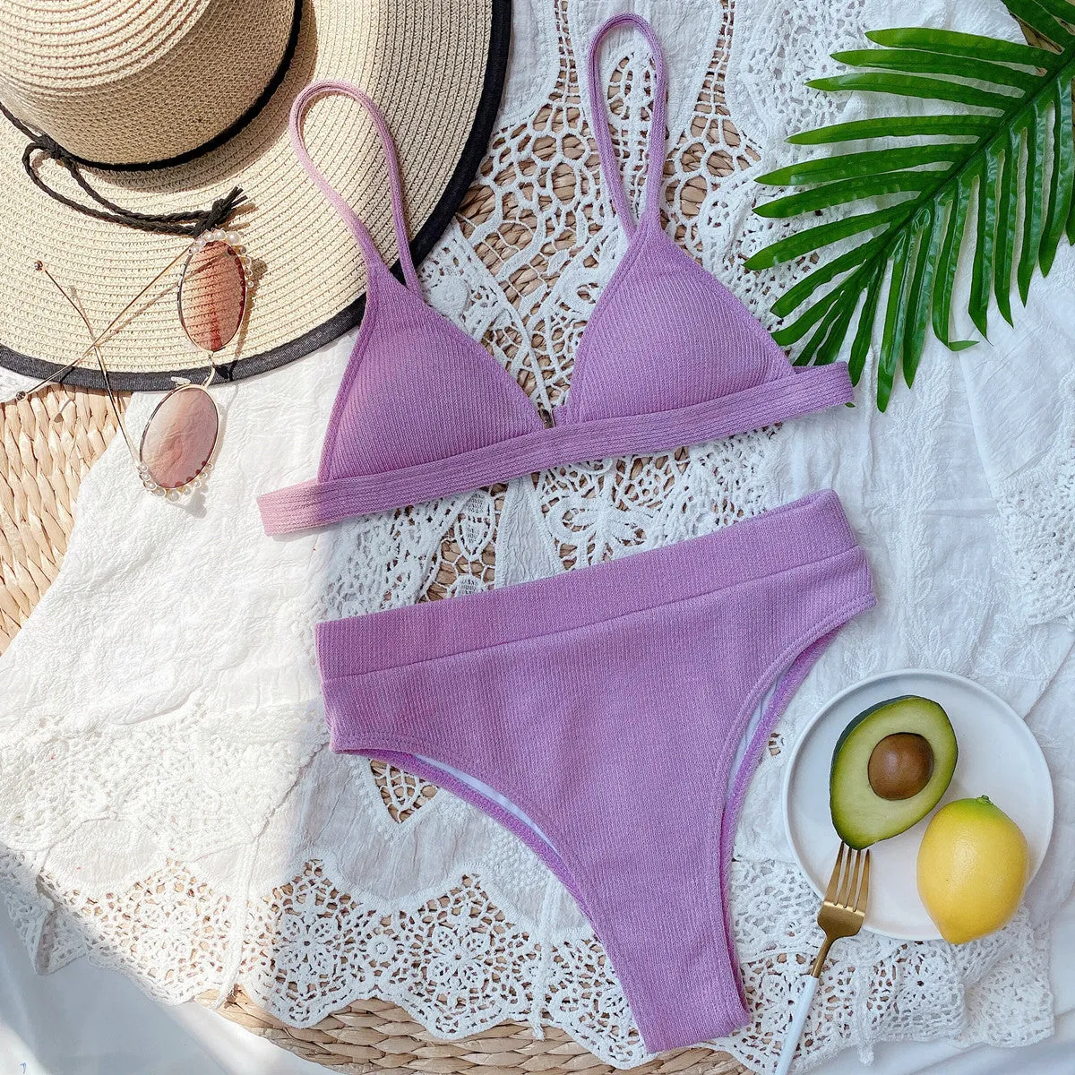 Bikini Set Solid Color Spaghetti Strap Ribbed High Waist Swimsuit Two Piece Set KESLEY