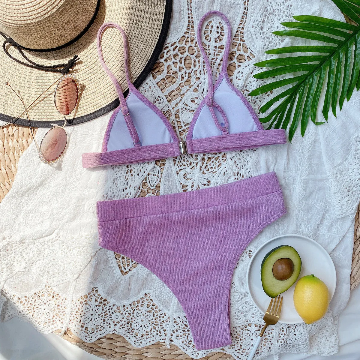 Bikini Set Solid Color Spaghetti Strap Ribbed High Waist Swimsuit Two Piece Set KESLEY