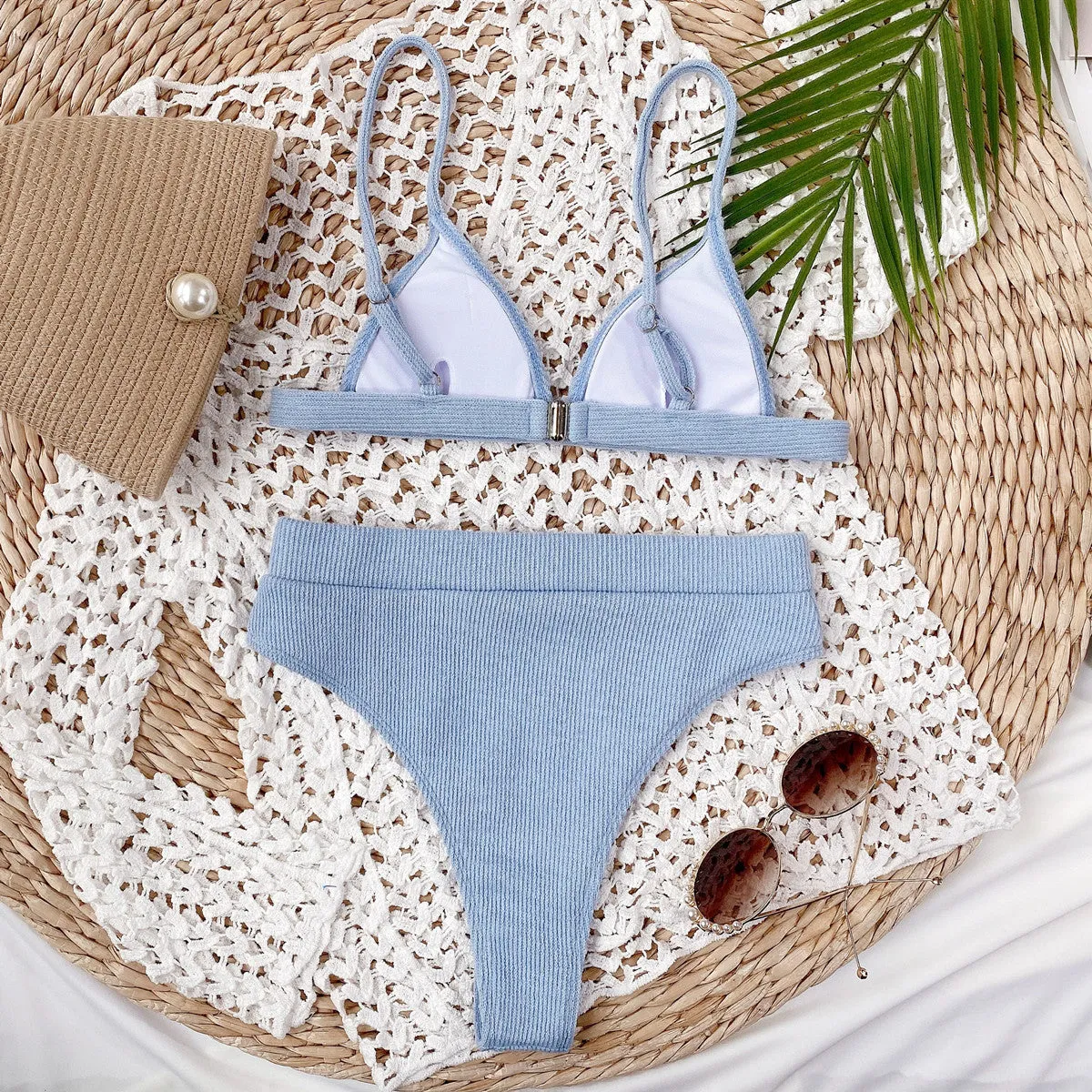 Bikini Set Solid Color Spaghetti Strap Ribbed High Waist Swimsuit Two Piece Set KESLEY