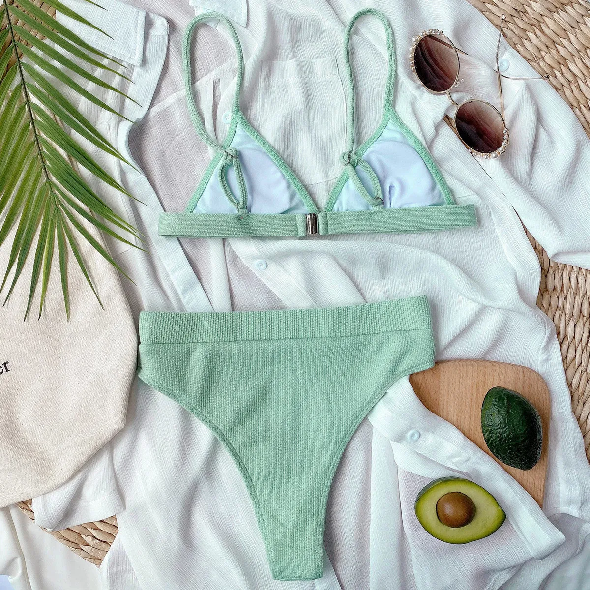 Bikini Set Solid Color Spaghetti Strap Ribbed High Waist Swimsuit Two Piece Set KESLEY