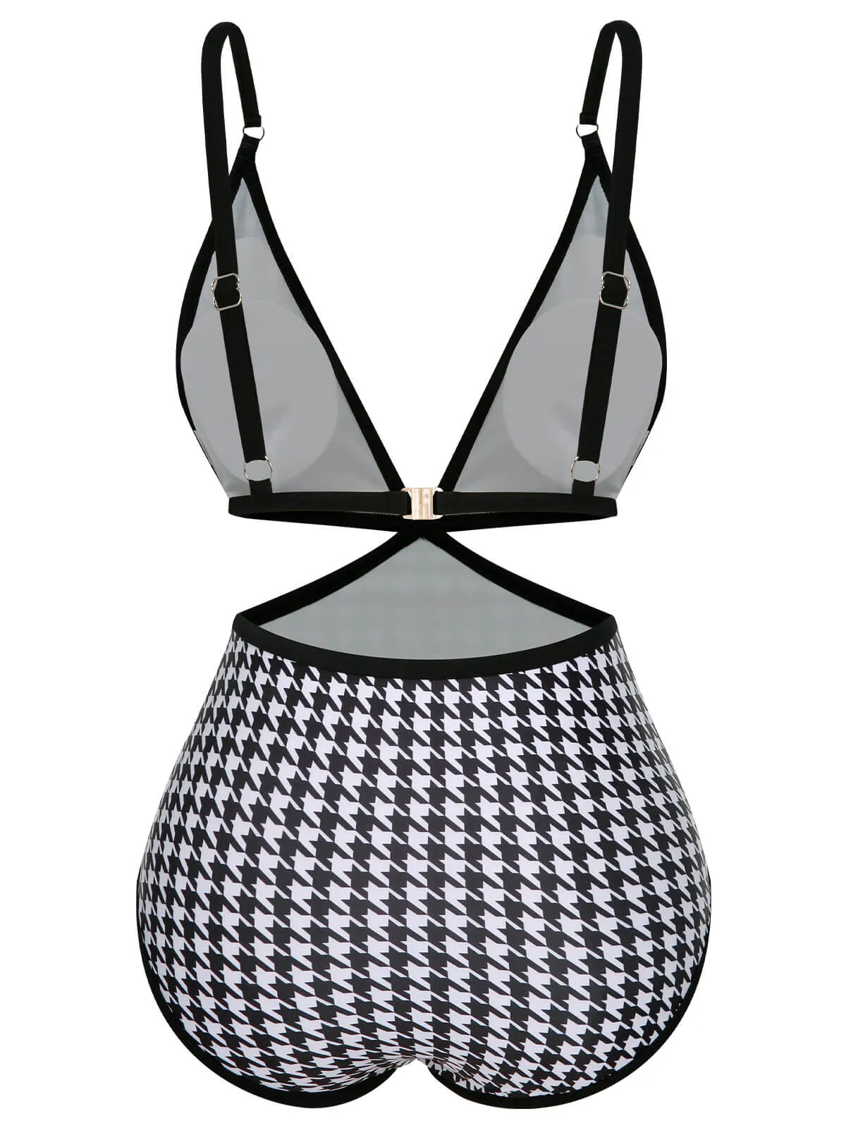 Black 1950s Houndstooth Waist Cutout Swimsuit