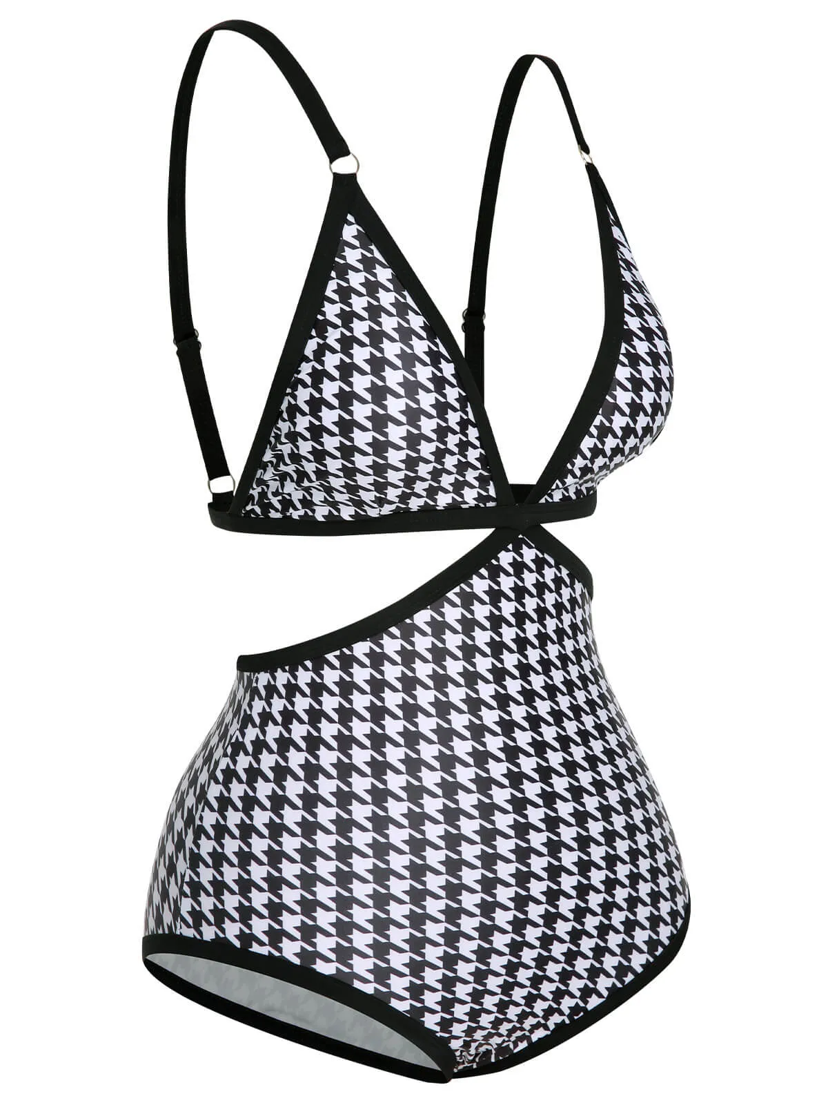 Black 1950s Houndstooth Waist Cutout Swimsuit