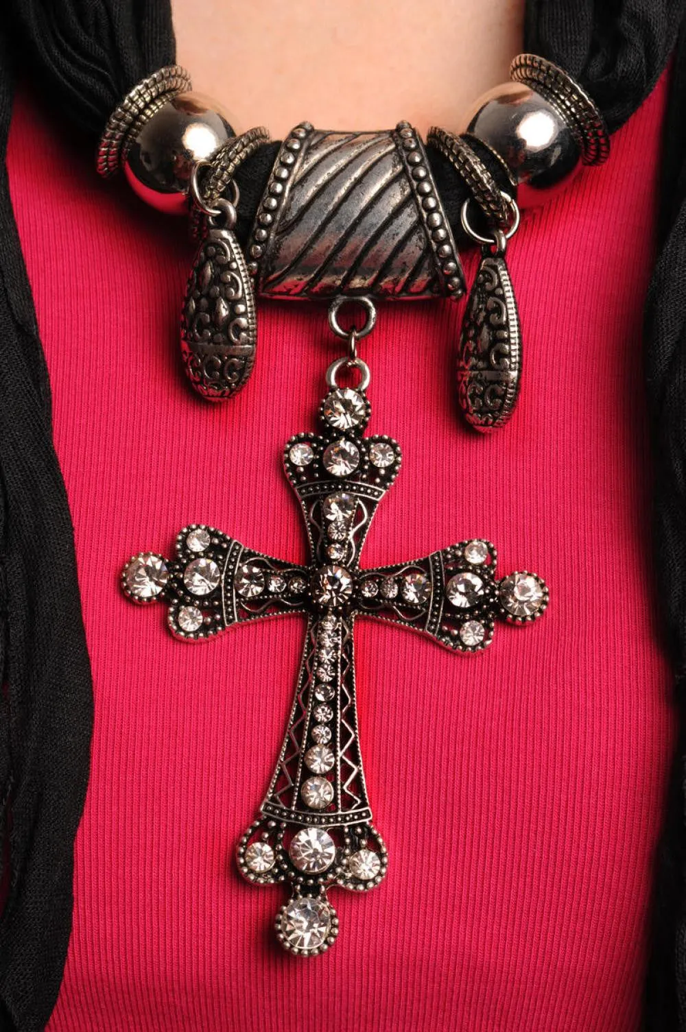 Black Jewellery Scarf With Cross Pendant & Beads