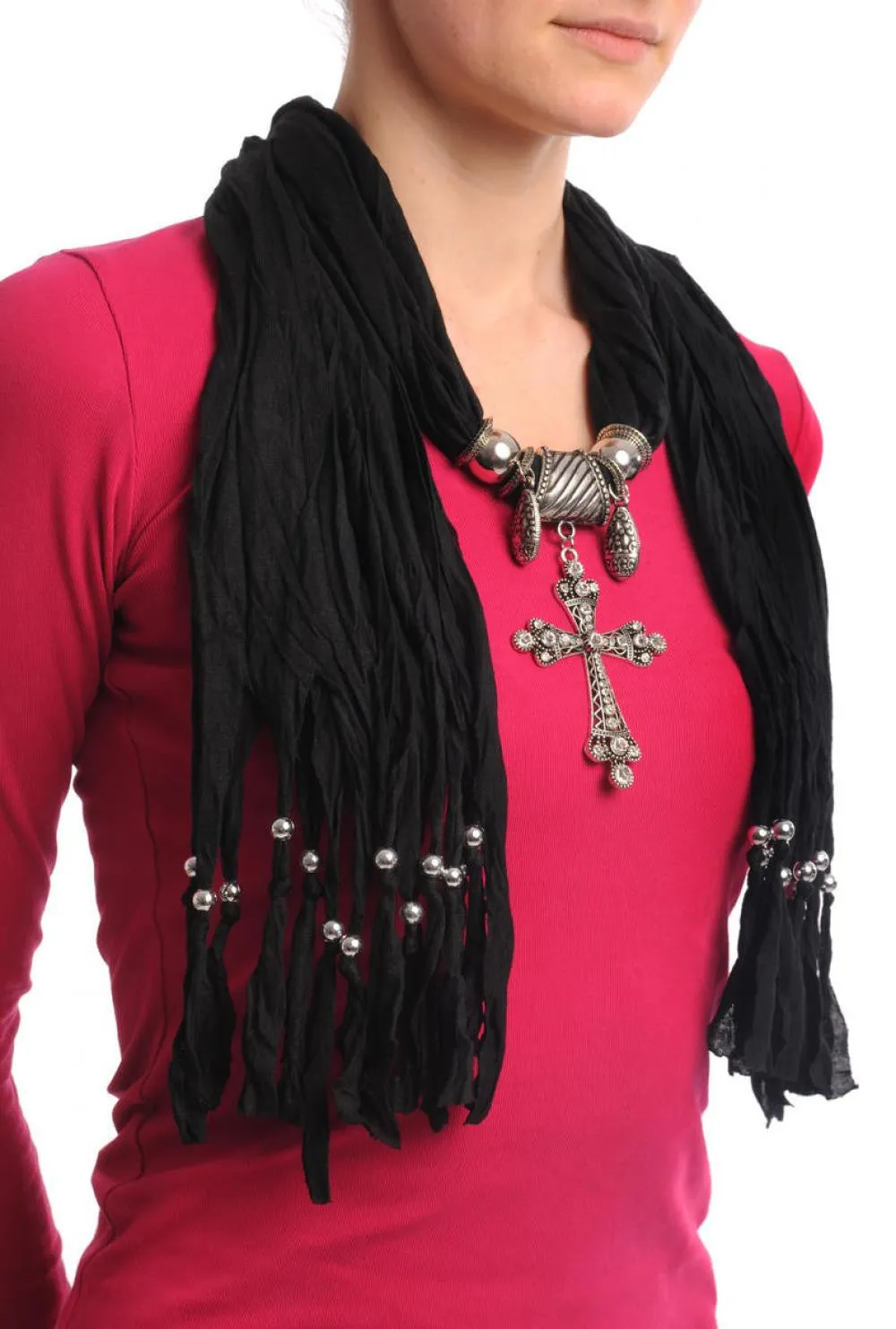 Black Jewellery Scarf With Cross Pendant & Beads