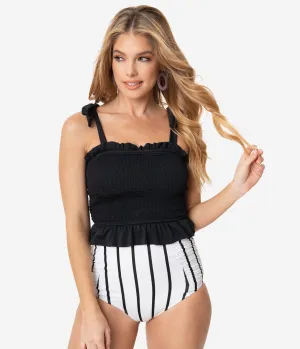 Black Smocked Swim Crop Top