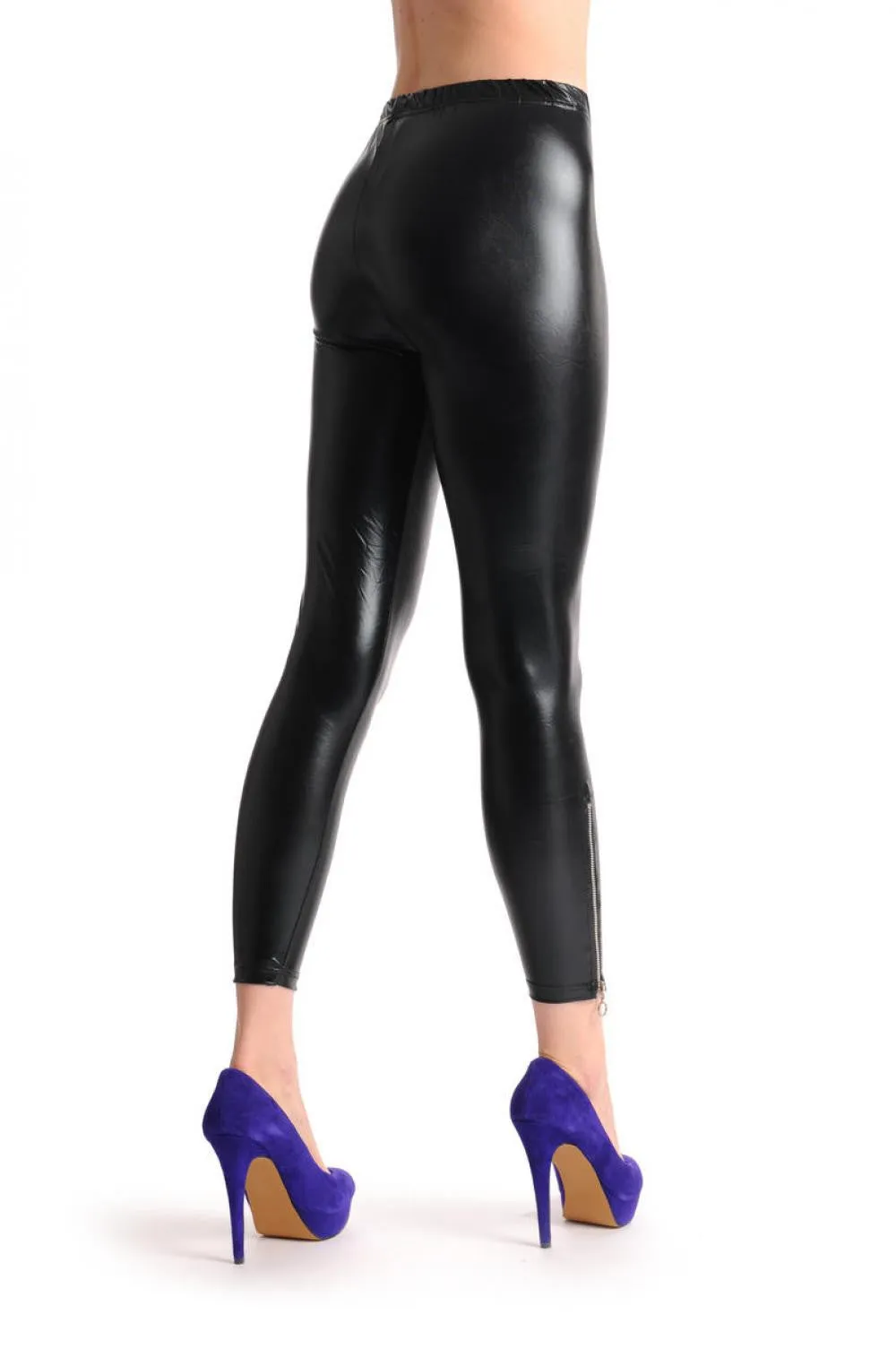 Black Wet Look Silk Like Shiny With The Silver Side Zip
