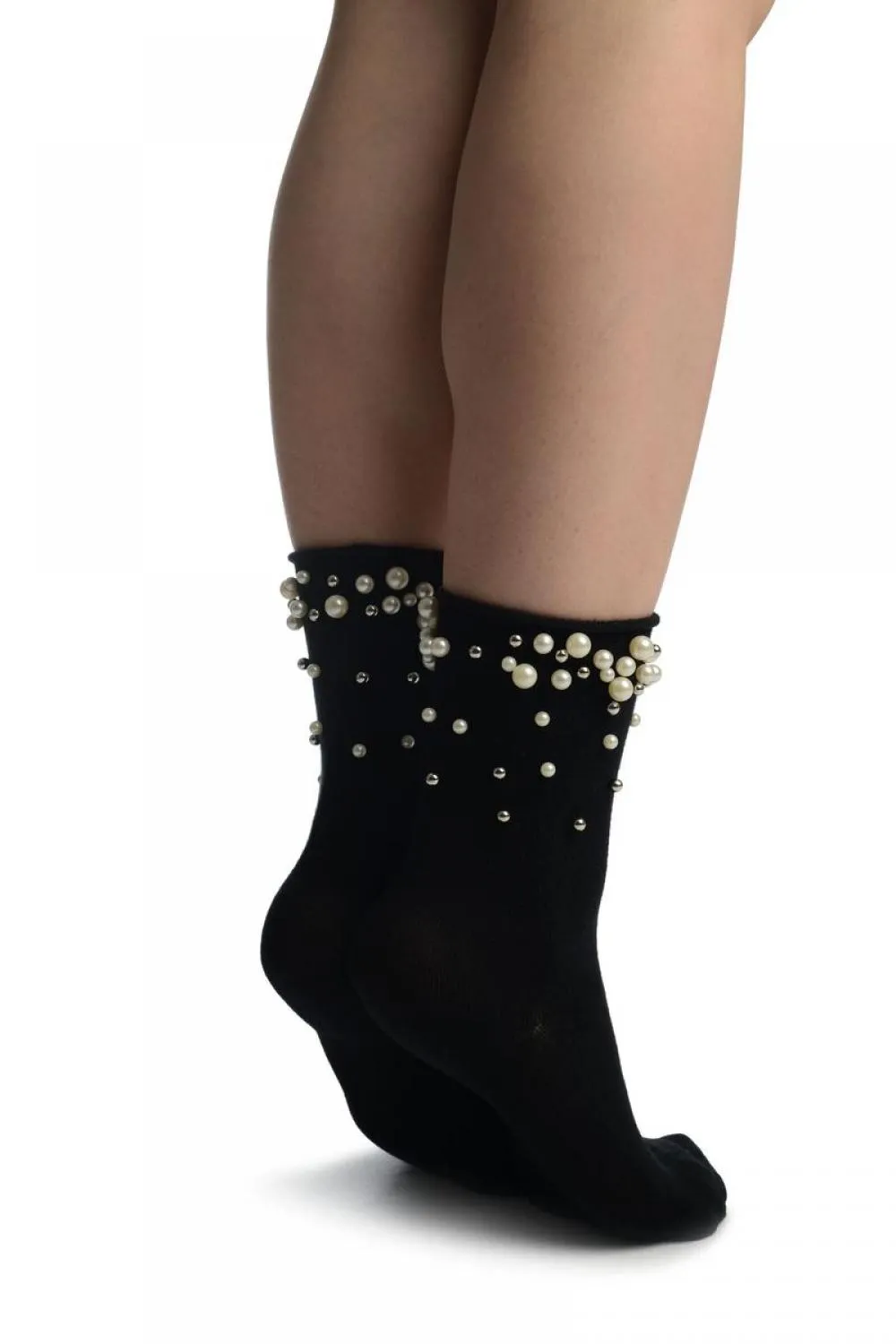 Black With Pearls and Silver Beads Ankle High Socks