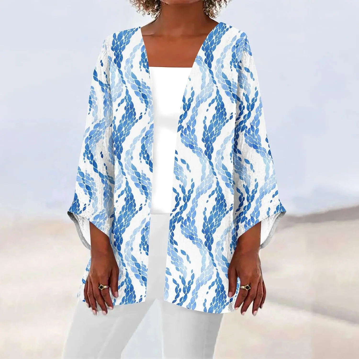 Cardigan Sweater for Womens Retro Print 3/4 Sleeve Blouse Tops Coat Casual Duster Cardigans Lightweight Jackets