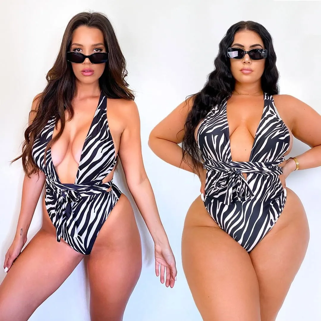Chesty Cross Tie Snakeskin One-piece Swimsuits