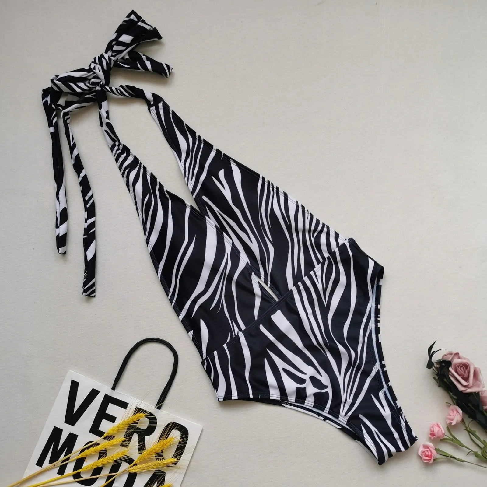Chesty Cross Tie Snakeskin One-piece Swimsuits