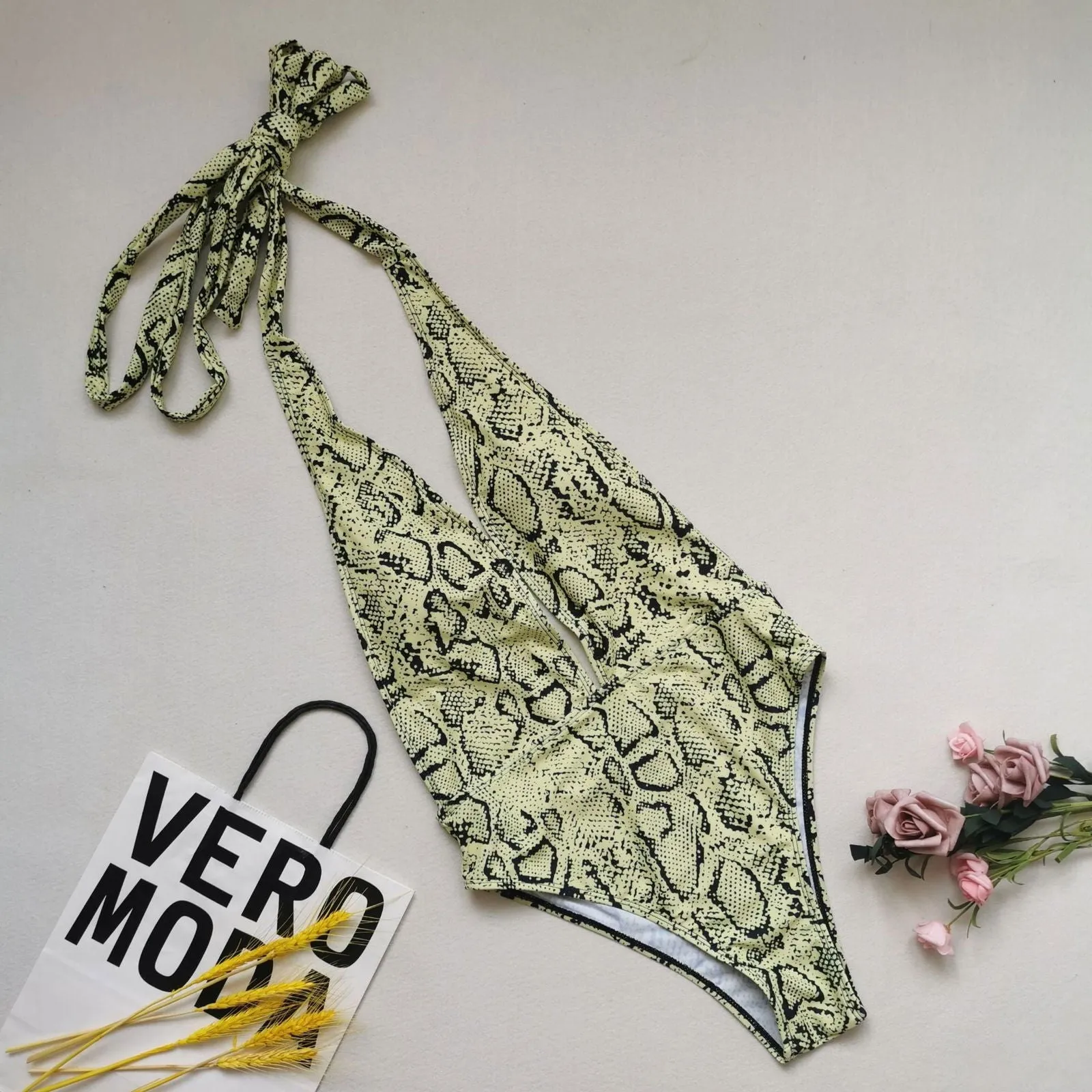 Chesty Cross Tie Snakeskin One-piece Swimsuits