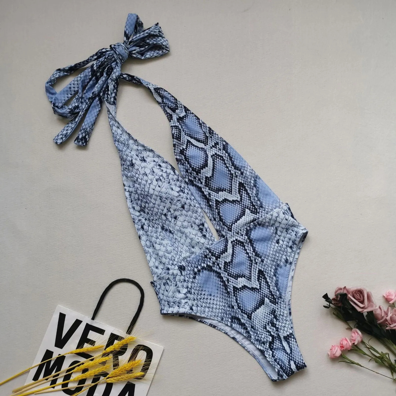 Chesty Cross Tie Snakeskin One-piece Swimsuits