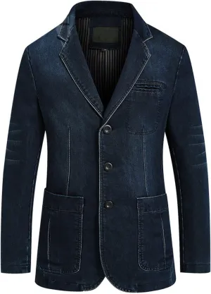 chouyatou Men's Classic Notched Collar 3 Button Tailoring Distressed Denim Blazer Jacket