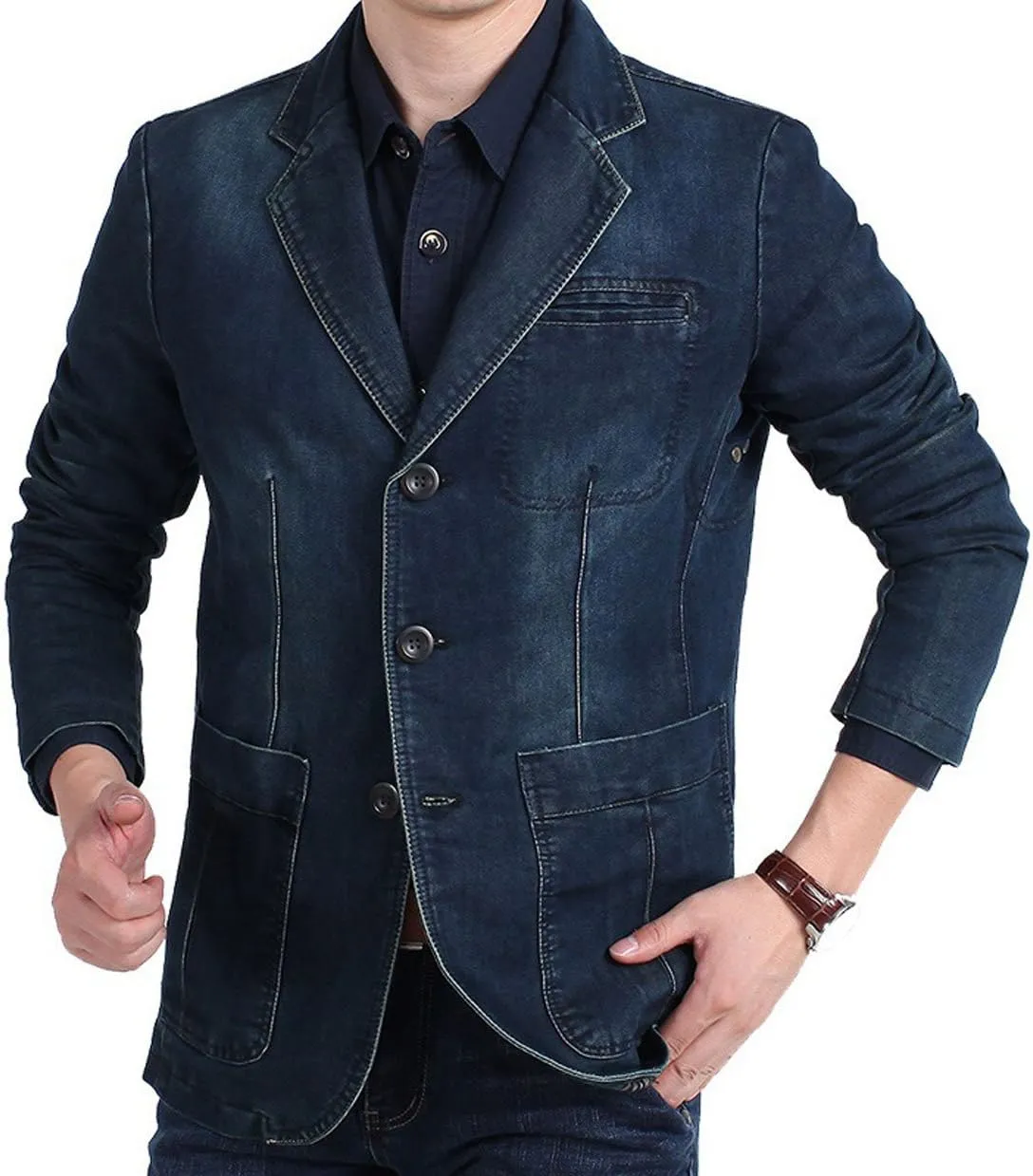 chouyatou Men's Classic Notched Collar 3 Button Tailoring Distressed Denim Blazer Jacket