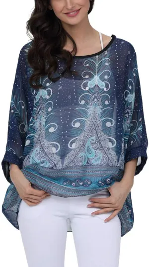Ckikiou Plus Size Floral Chiffon Tunics Blouses for Women Batwing Summer Boho Shirts Beach Cover ups