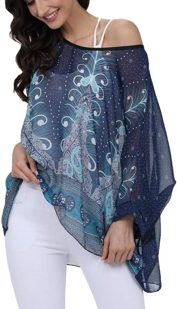 Ckikiou Plus Size Floral Chiffon Tunics Blouses for Women Batwing Summer Boho Shirts Beach Cover ups