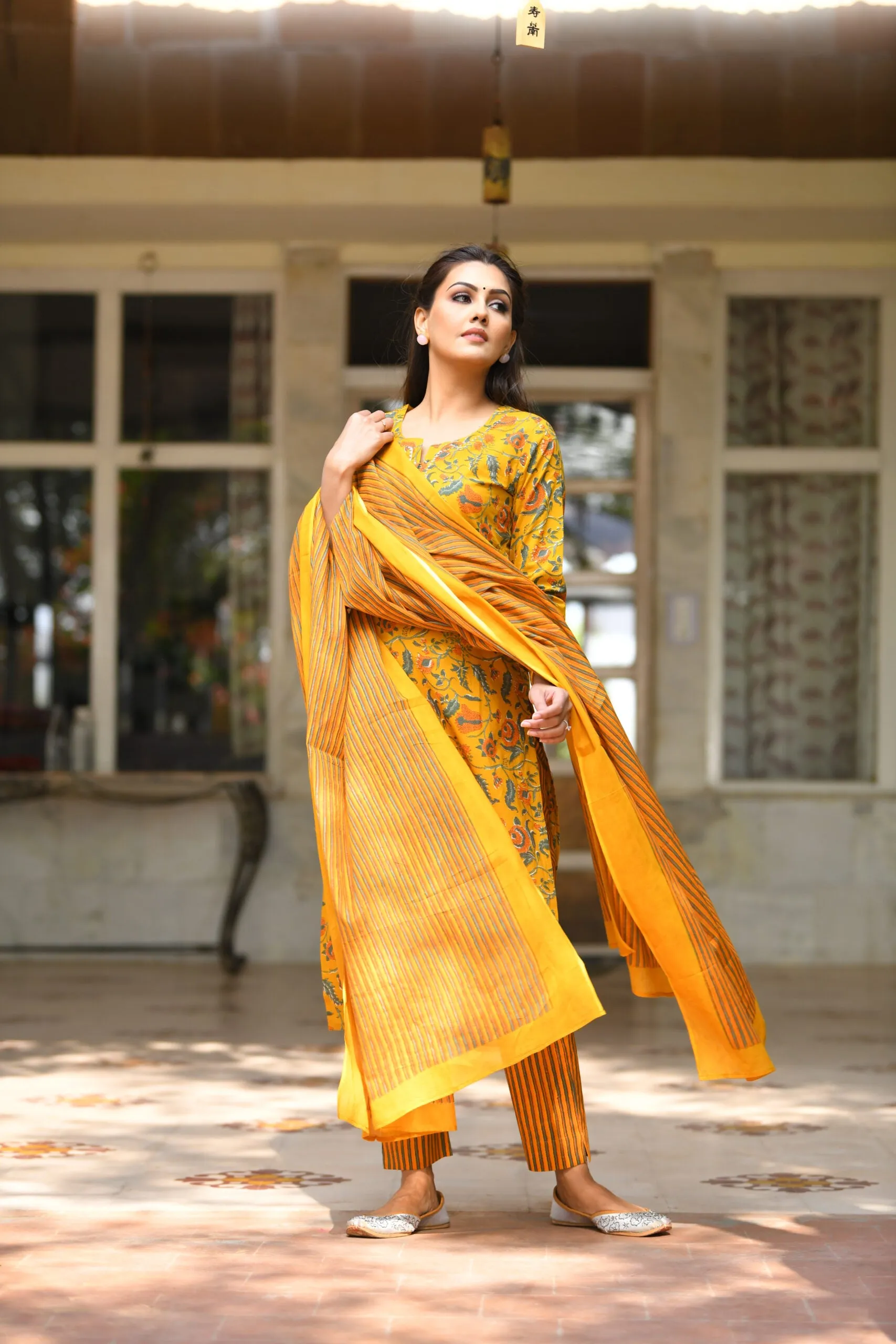 Cotton Yellow Floral Print Suit Set with Dupatta