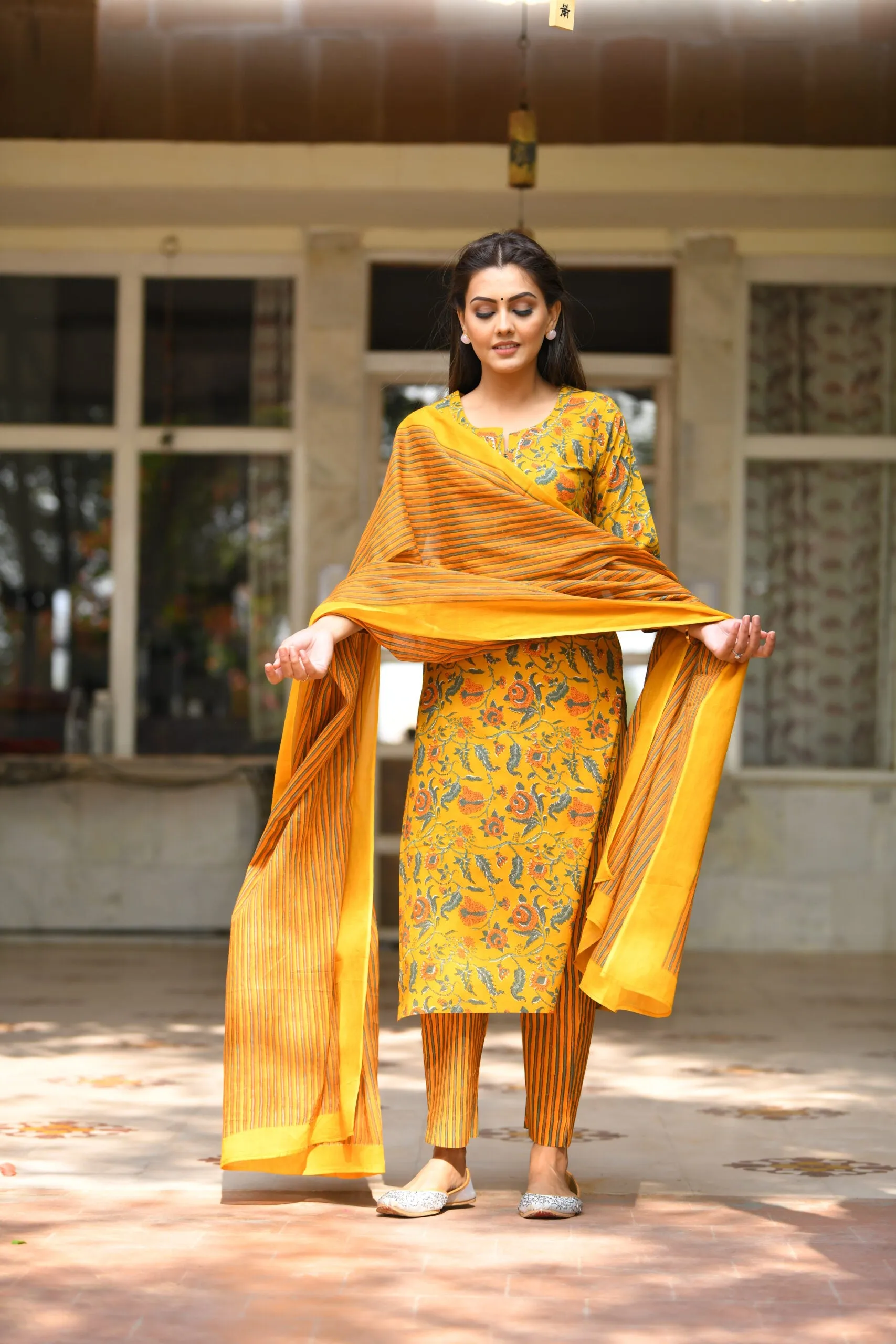 Cotton Yellow Floral Print Suit Set with Dupatta