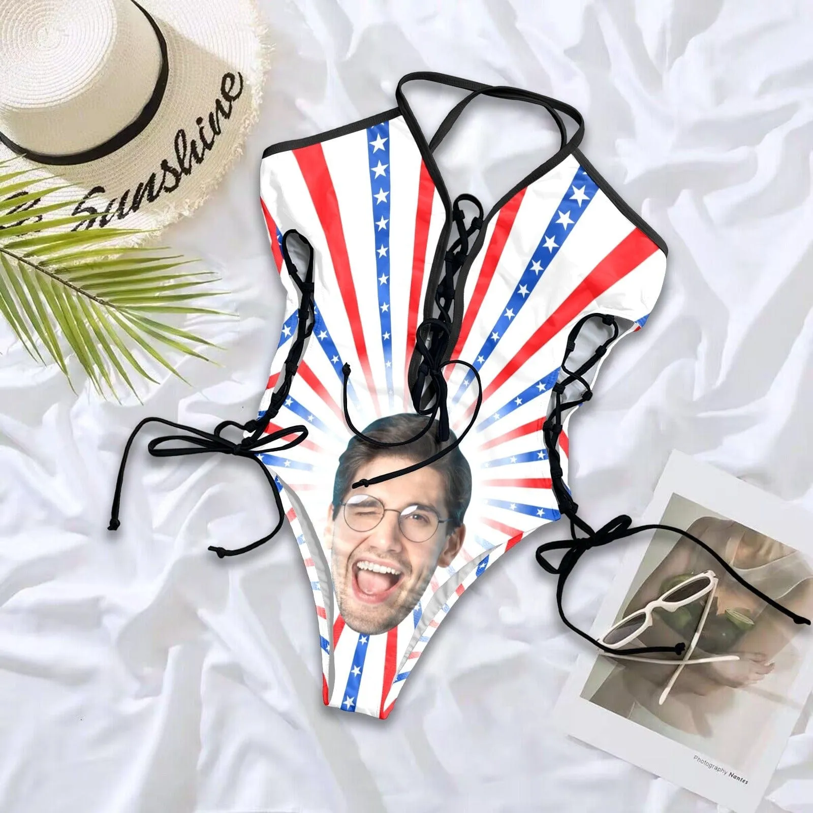 Custom Face American Flag Style Women's Chest&Sides Ties Tummy Control Lace Up One Piece Swimsuit USA Flag Bathing Suit