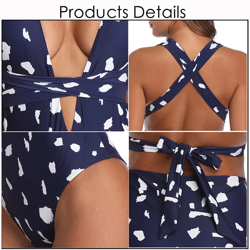 Deep V Neck Swimsuit One Piece Swimwear Speckle Print Women's Bathing Suits High Cut Monokini