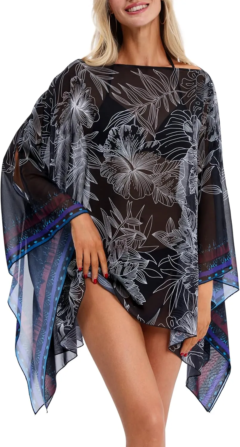 DJT Women's Summer Beach Bikini Bathing Suit Cover Ups Swimsuit Coverup for Women Chiffon Blouses Tunic Top