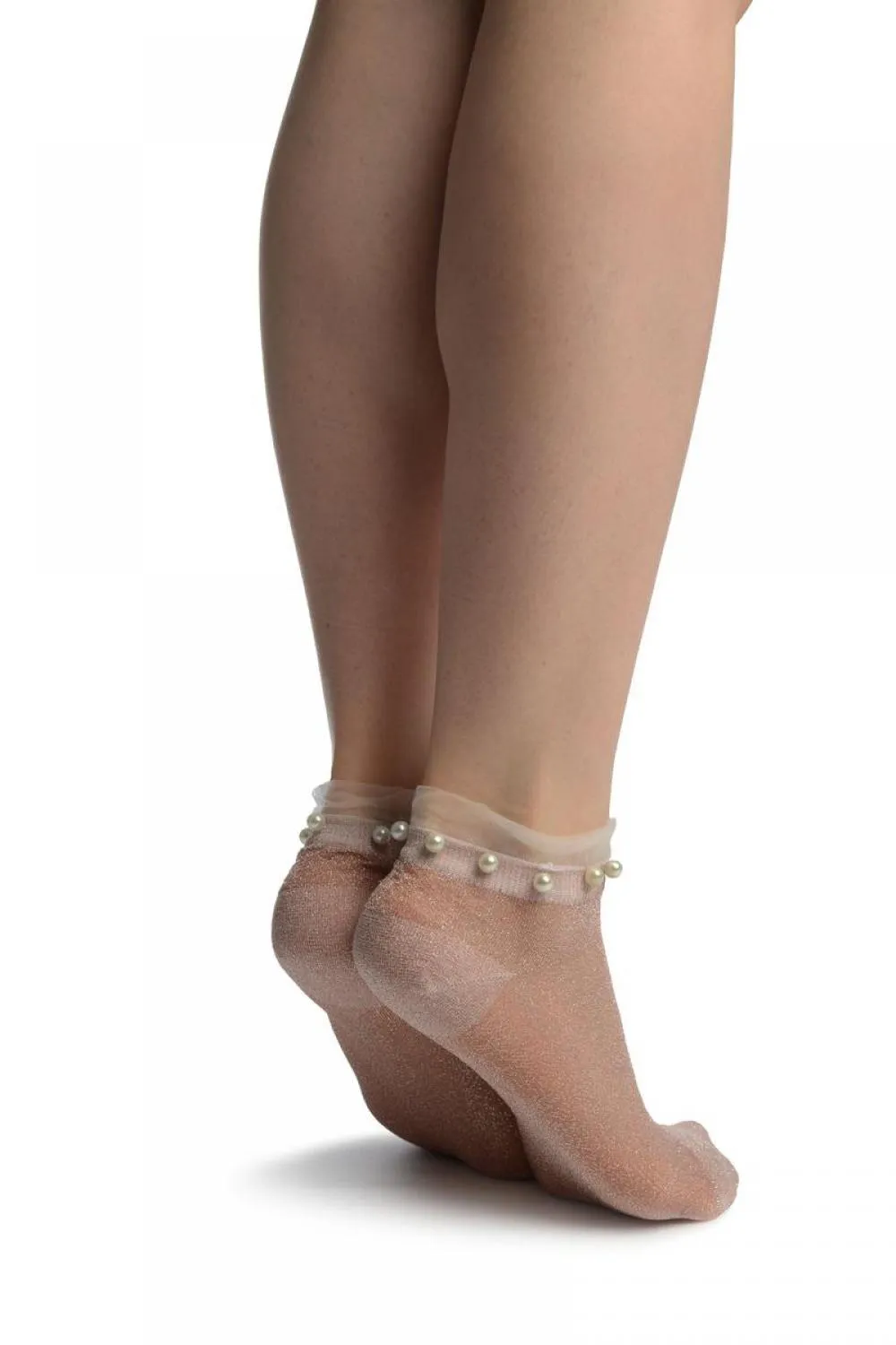 Dust Pink With Lurex, Pearls & Frills Top Footsies Socks