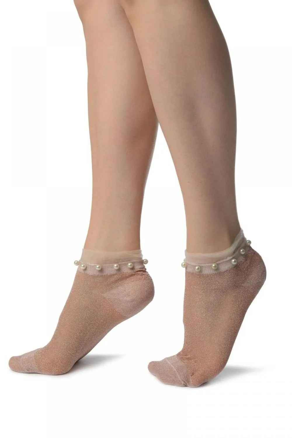 Dust Pink With Lurex, Pearls & Frills Top Footsies Socks