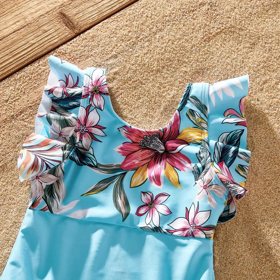 Family Matching Swimsuit Floral Leaf Swim Trunks One Piece Swimsuit