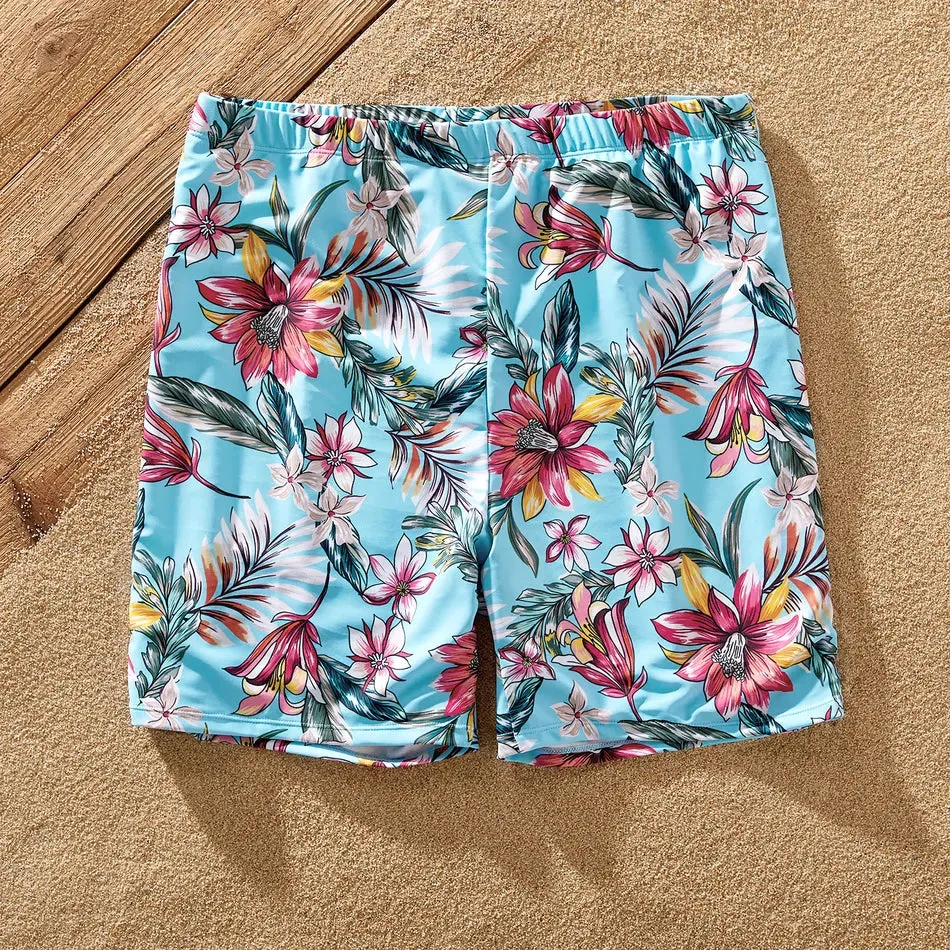 Family Matching Swimsuit Floral Leaf Swim Trunks One Piece Swimsuit