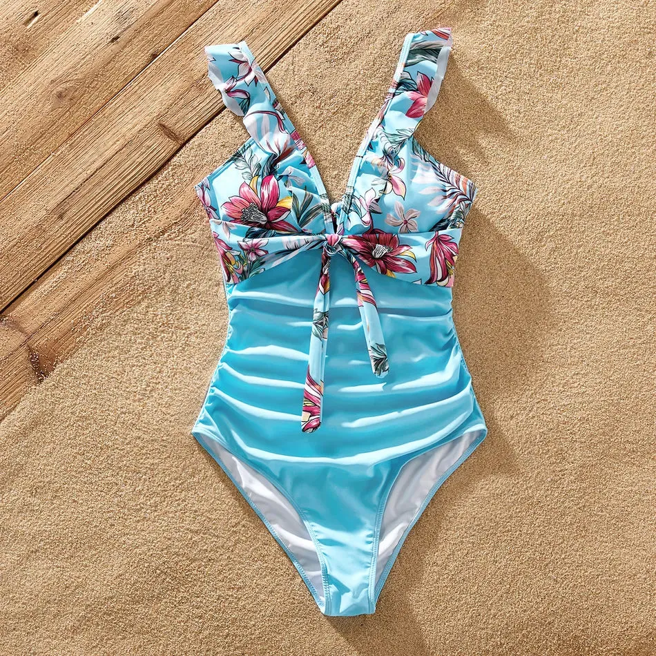 Family Matching Swimsuit Floral Leaf Swim Trunks One Piece Swimsuit