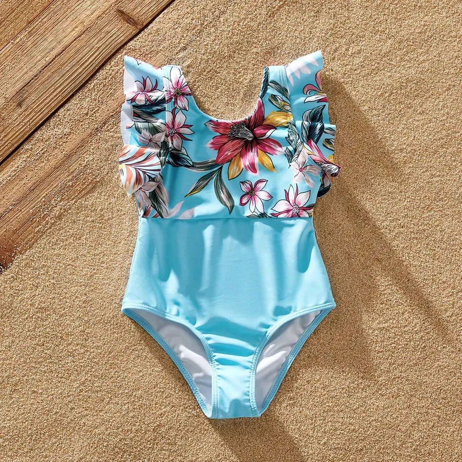 Family Matching Swimsuit Floral Leaf Swim Trunks One Piece Swimsuit